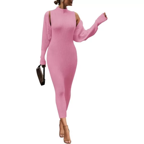 imagePRETTYGARDEN Womens Fall 2 Piece Outfits Bodycon Maxi Tank Pullover Sweater Dress And Long Sleeve Cropped Cardigan Knit SetsPink