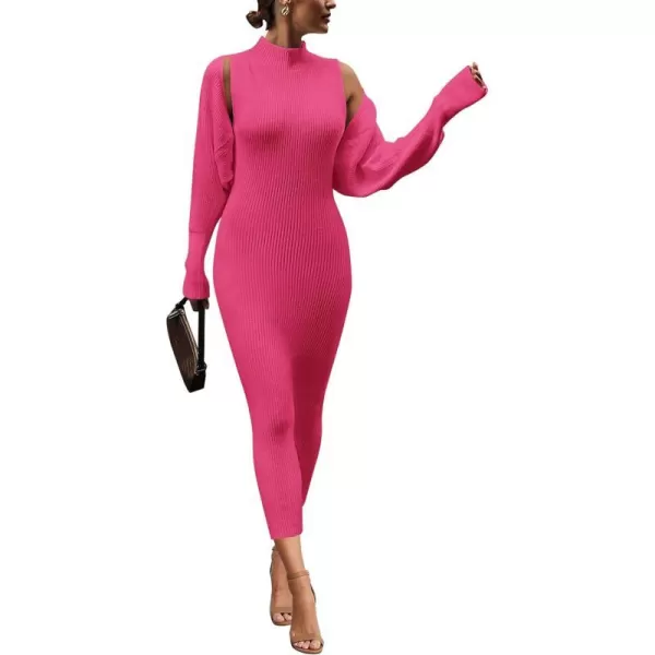 imagePRETTYGARDEN Womens Fall 2 Piece Outfits Bodycon Maxi Tank Pullover Sweater Dress And Long Sleeve Cropped Cardigan Knit SetsRose Red