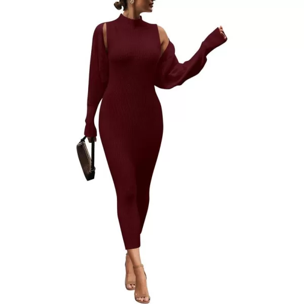 imagePRETTYGARDEN Womens Fall 2 Piece Outfits Bodycon Maxi Tank Pullover Sweater Dress And Long Sleeve Cropped Cardigan Knit SetsWine Red