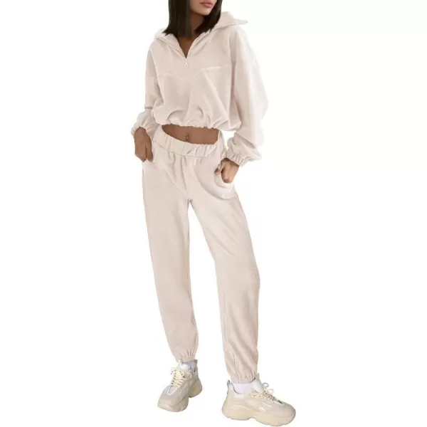 imagePRETTYGARDEN Womens Fall 2 Piece Outfits Fleece Sweatsuits Set Half Zip Cropped Sweatshirt Pullover Sweatpants Y2K TracksuitBeige
