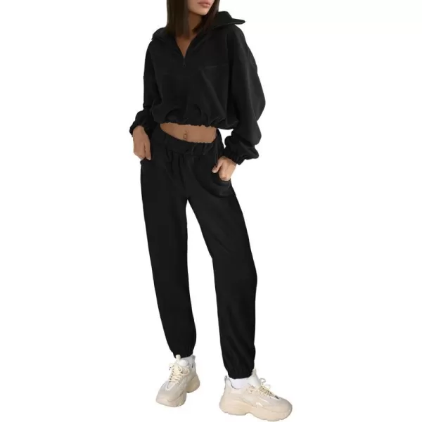 imagePRETTYGARDEN Womens Fall 2 Piece Outfits Fleece Sweatsuits Set Half Zip Cropped Sweatshirt Pullover Sweatpants Y2K TracksuitBlack