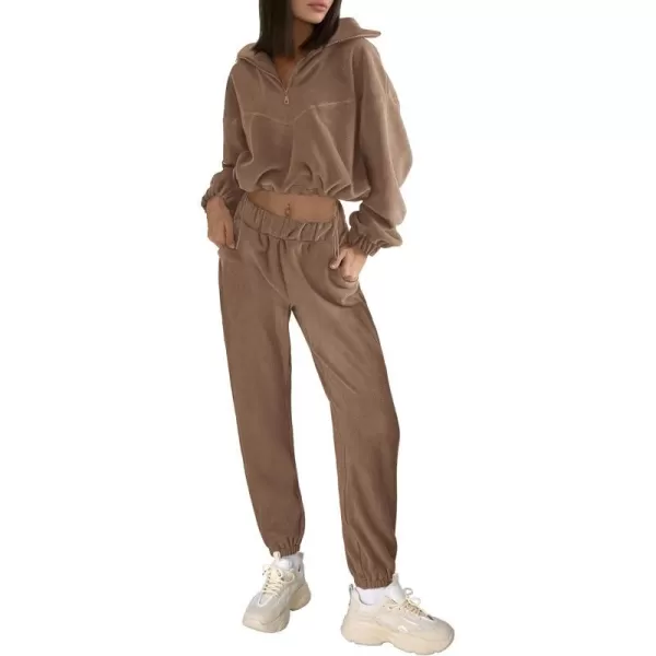 imagePRETTYGARDEN Womens Fall 2 Piece Outfits Fleece Sweatsuits Set Half Zip Cropped Sweatshirt Pullover Sweatpants Y2K TracksuitDark Khaki