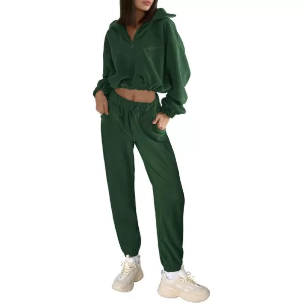 imagePRETTYGARDEN Womens Fall 2 Piece Outfits Fleece Sweatsuits Set Half Zip Cropped Sweatshirt Pullover Sweatpants Y2K TracksuitGreen