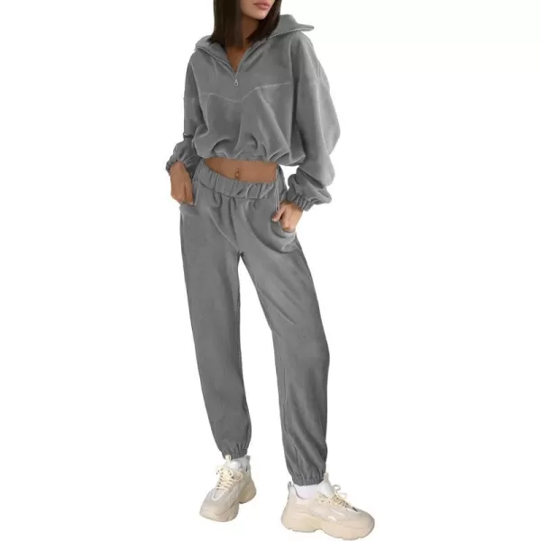imagePRETTYGARDEN Womens Fall 2 Piece Outfits Fleece Sweatsuits Set Half Zip Cropped Sweatshirt Pullover Sweatpants Y2K TracksuitGrey