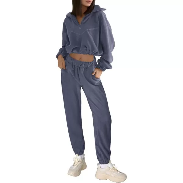 imagePRETTYGARDEN Womens Fall 2 Piece Outfits Fleece Sweatsuits Set Half Zip Cropped Sweatshirt Pullover Sweatpants Y2K TracksuitGrey Blue