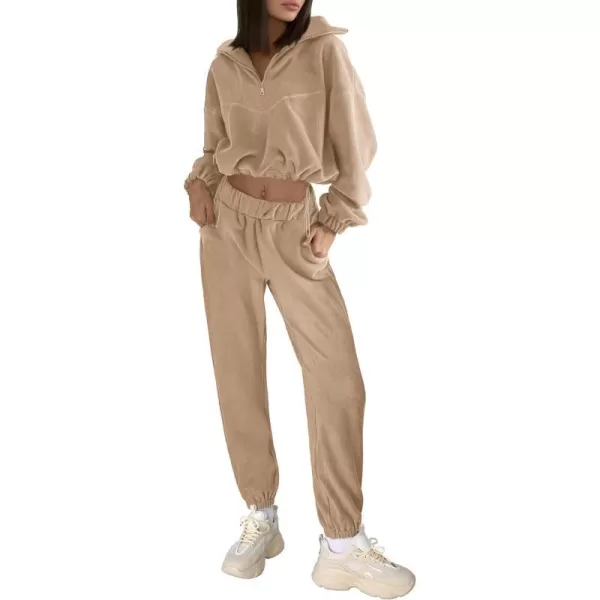 imagePRETTYGARDEN Womens Fall 2 Piece Outfits Fleece Sweatsuits Set Half Zip Cropped Sweatshirt Pullover Sweatpants Y2K TracksuitKhaki