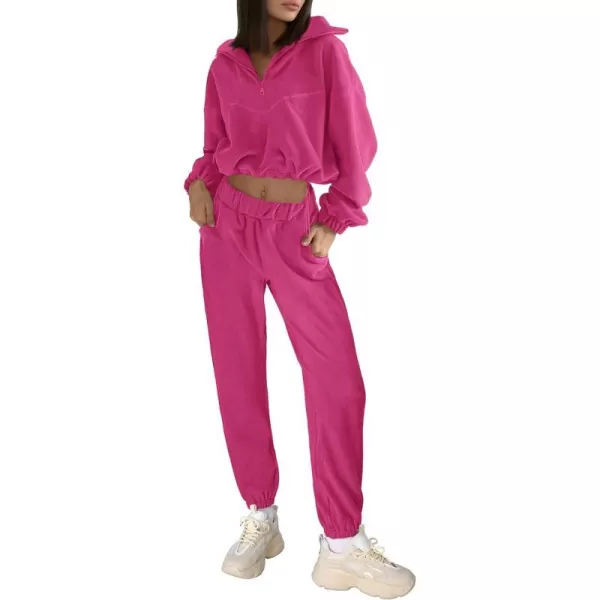 imagePRETTYGARDEN Womens Fall 2 Piece Outfits Fleece Sweatsuits Set Half Zip Cropped Sweatshirt Pullover Sweatpants Y2K TracksuitRose Red