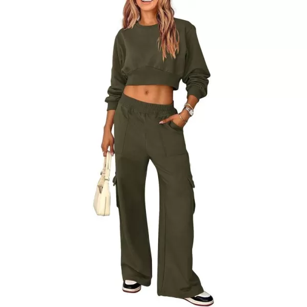 imagePRETTYGARDEN Womens Fall 2 Piece Outfits Sweatsuits Sets Long Sleeve Crop Tops Sweatshirt Wide Leg Cargo Pants with PocketsArmy Green
