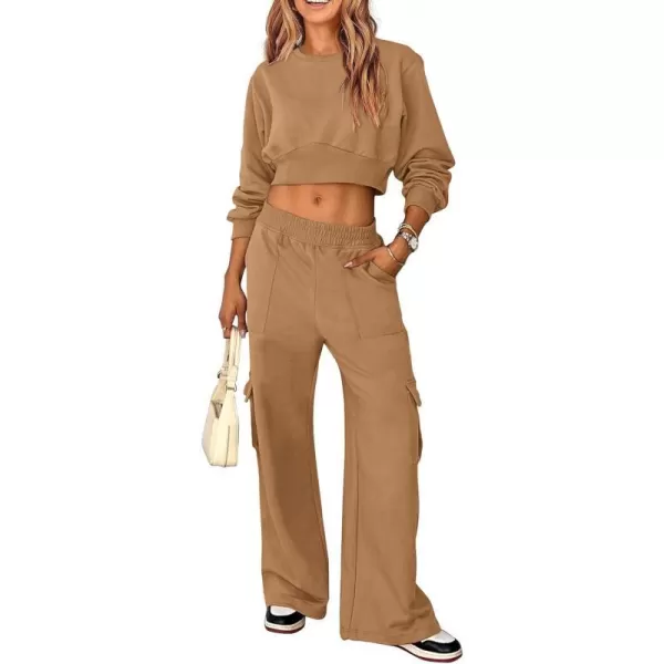 imagePRETTYGARDEN Womens Fall 2 Piece Outfits Sweatsuits Sets Long Sleeve Crop Tops Sweatshirt Wide Leg Cargo Pants with PocketsCoffee