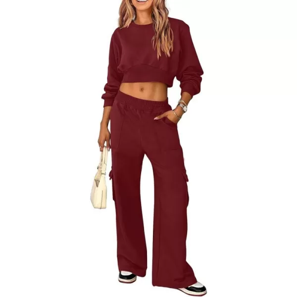 imagePRETTYGARDEN Womens Fall 2 Piece Outfits Sweatsuits Sets Long Sleeve Crop Tops Sweatshirt Wide Leg Cargo Pants with PocketsWine Red