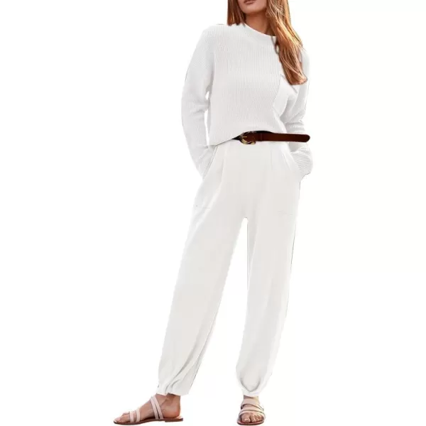 imagePRETTYGARDEN Womens Fall 2 Piece Sweater Set Casual Pullover Top High Waisted Sweatpants Tracksuit Lounge OutfitsBeige White