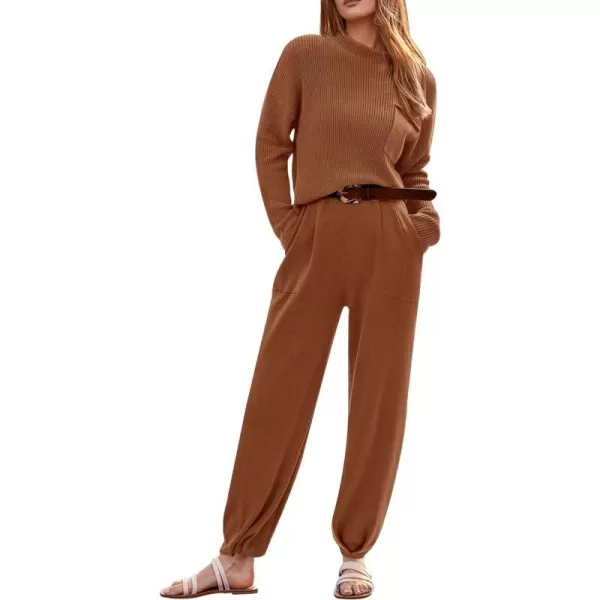 imagePRETTYGARDEN Womens Fall 2 Piece Sweater Set Casual Pullover Top High Waisted Sweatpants Tracksuit Lounge OutfitsBrown