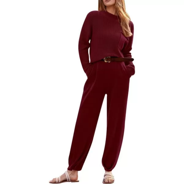 imagePRETTYGARDEN Womens Fall 2 Piece Sweater Set Casual Pullover Top High Waisted Sweatpants Tracksuit Lounge OutfitsWine Red