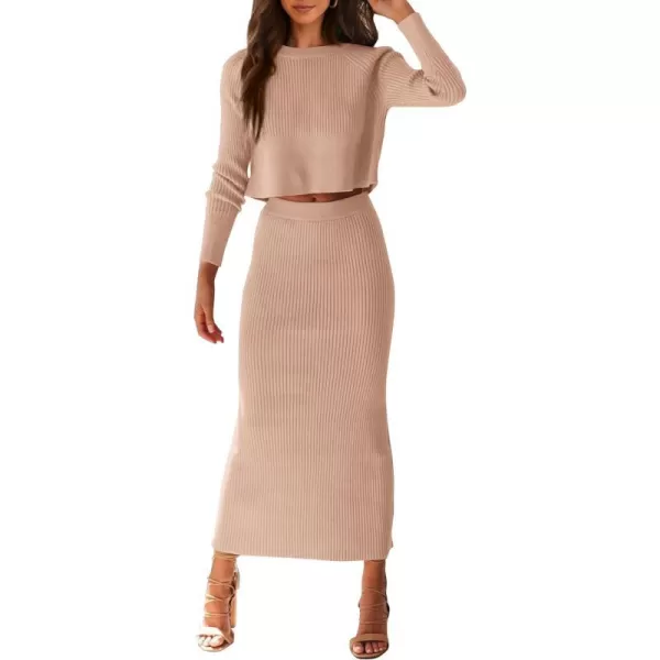 imagePRETTYGARDEN Womens Fall 2 Piece Sweater Set Rib Knit Long Sleeve Crop Top Maxi Bodycon Skirt Casual Outfits DressBeige