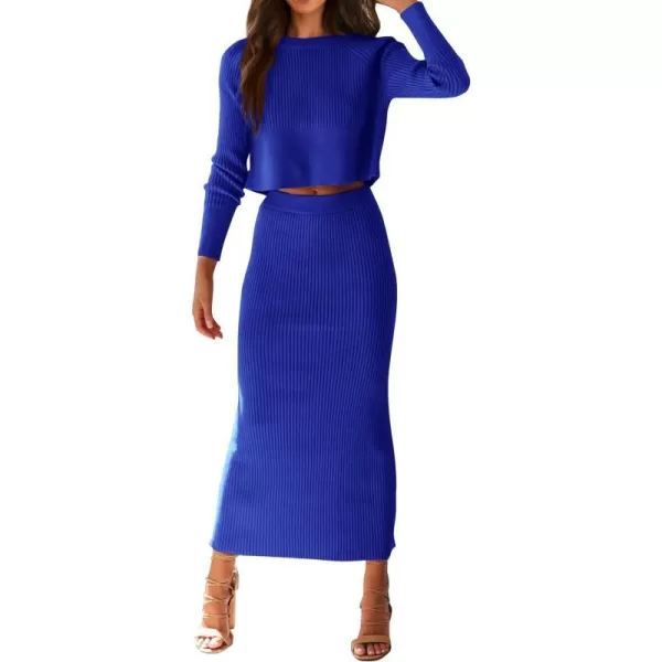 imagePRETTYGARDEN Womens Fall 2 Piece Sweater Set Rib Knit Long Sleeve Crop Top Maxi Bodycon Skirt Casual Outfits DressBlue