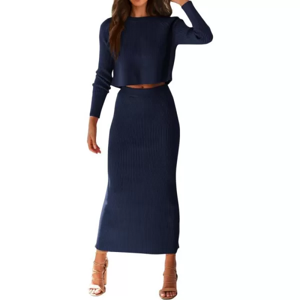 imagePRETTYGARDEN Womens Fall 2 Piece Sweater Set Rib Knit Long Sleeve Crop Top Maxi Bodycon Skirt Casual Outfits DressDark Blue