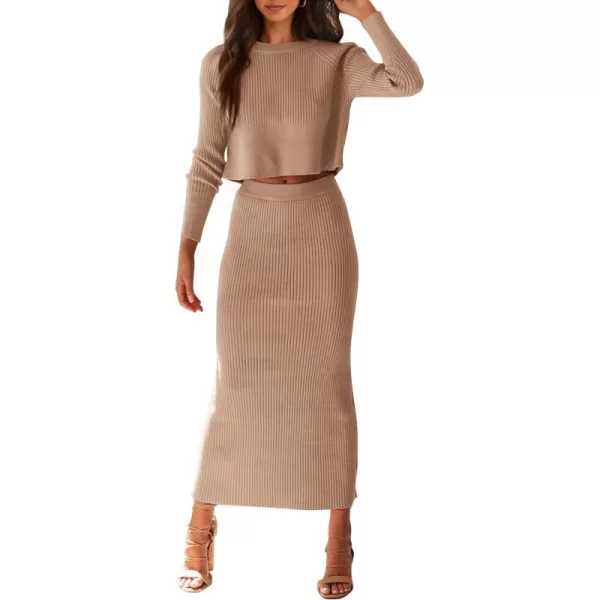 imagePRETTYGARDEN Womens Fall 2 Piece Sweater Set Rib Knit Long Sleeve Crop Top Maxi Bodycon Skirt Casual Outfits DressKhaki