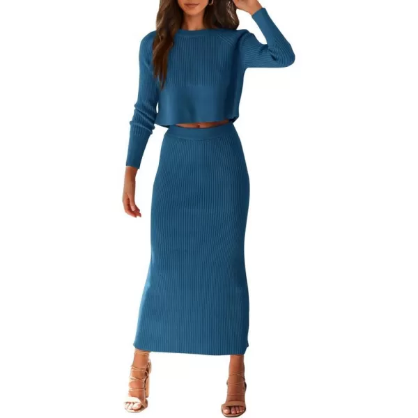 imagePRETTYGARDEN Womens Fall 2 Piece Sweater Set Rib Knit Long Sleeve Crop Top Maxi Bodycon Skirt Casual Outfits DressLake Blue