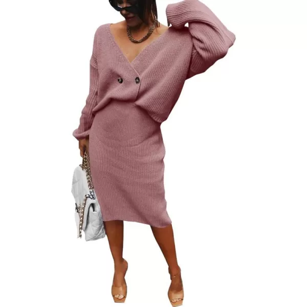 imagePRETTYGARDEN Womens Fall Clothes 2 Piece Sweater Outfits V Neck Button Down Cardigan Bodycon Skirt SetBean Paste Pink