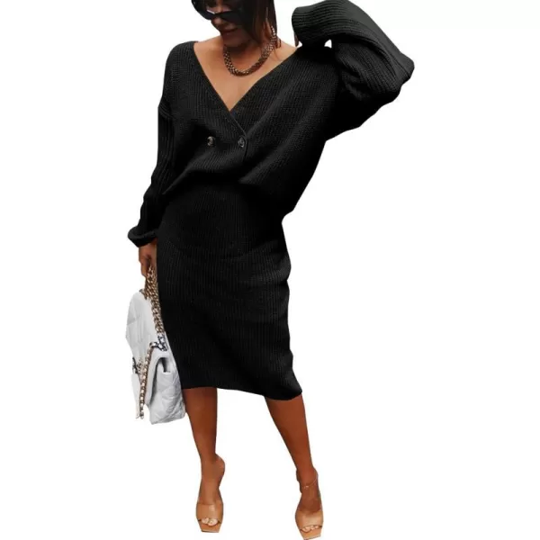 imagePRETTYGARDEN Womens Fall Clothes 2 Piece Sweater Outfits V Neck Button Down Cardigan Bodycon Skirt SetBlack