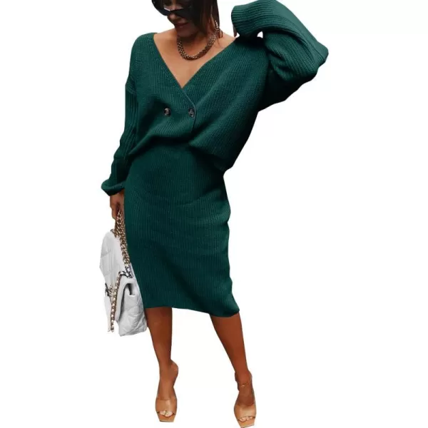 imagePRETTYGARDEN Womens Fall Clothes 2 Piece Sweater Outfits V Neck Button Down Cardigan Bodycon Skirt SetDark Green