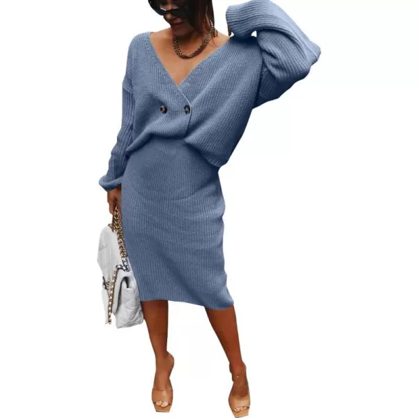 imagePRETTYGARDEN Womens Fall Clothes 2 Piece Sweater Outfits V Neck Button Down Cardigan Bodycon Skirt SetGrey Blue