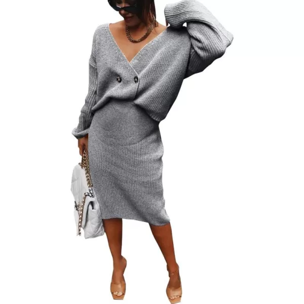 imagePRETTYGARDEN Womens Fall Clothes 2 Piece Sweater Outfits V Neck Button Down Cardigan Bodycon Skirt SetLight Grey