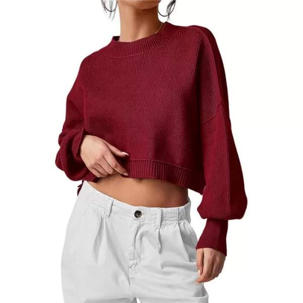 imagePRETTYGARDEN Womens Fall Clothes Cropped Sweaters Long Sleeve Crewneck Knit Pullover Oversized Jumper TopsSolid Wine Red