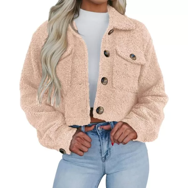 imagePRETTYGARDEN Womens Fall Clothes Sherpa Shacket Jacket Fuzzy Fleece Lapel Button Down Cropped Coat OuterwearBeige