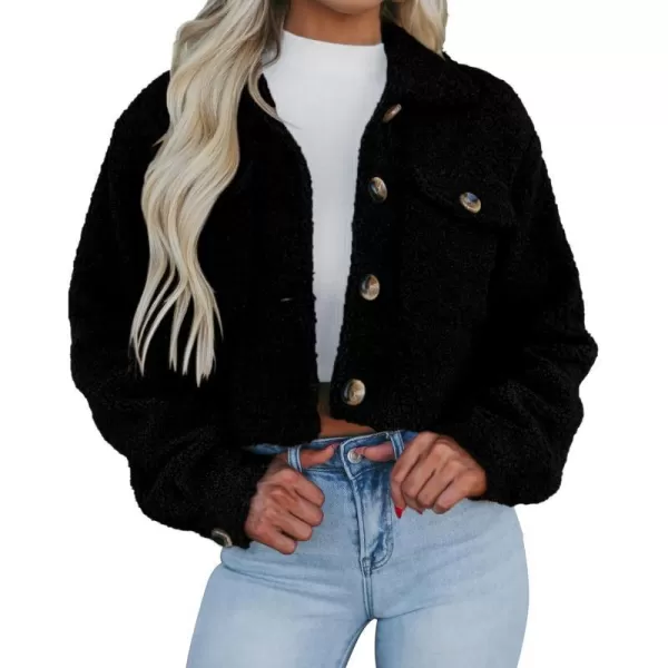 imagePRETTYGARDEN Womens Fall Clothes Sherpa Shacket Jacket Fuzzy Fleece Lapel Button Down Cropped Coat OuterwearBlack
