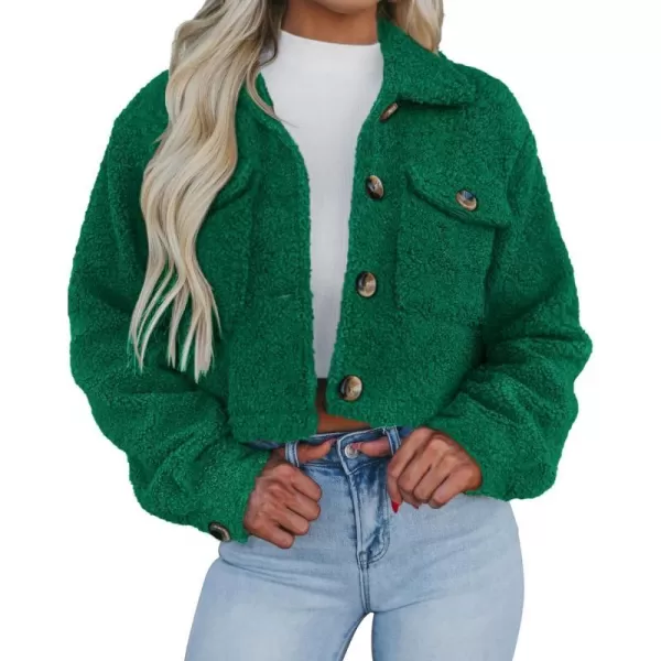 imagePRETTYGARDEN Womens Fall Clothes Sherpa Shacket Jacket Fuzzy Fleece Lapel Button Down Cropped Coat OuterwearGreen