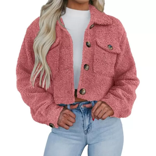 imagePRETTYGARDEN Womens Fall Clothes Sherpa Shacket Jacket Fuzzy Fleece Lapel Button Down Cropped Coat OuterwearGrey Pink