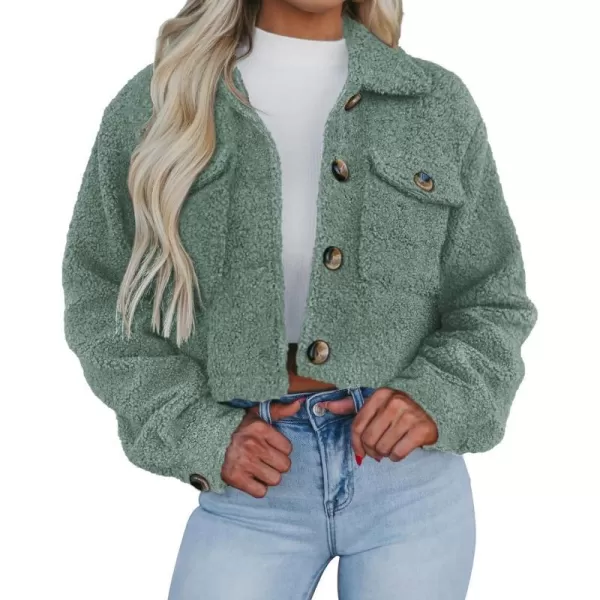 imagePRETTYGARDEN Womens Fall Clothes Sherpa Shacket Jacket Fuzzy Fleece Lapel Button Down Cropped Coat OuterwearLight Green