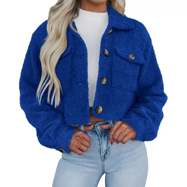 imagePRETTYGARDEN Womens Fall Clothes Sherpa Shacket Jacket Fuzzy Fleece Lapel Button Down Cropped Coat OuterwearRoyal Blue