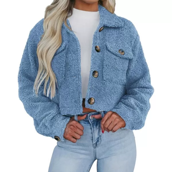 imagePRETTYGARDEN Womens Fall Clothes Sherpa Shacket Jacket Fuzzy Fleece Lapel Button Down Cropped Coat OuterwearSky Blue
