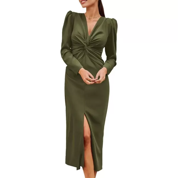 imagePRETTYGARDEN Womens Fall Fashion 2023 Long Puff Sleeve Maxi Dresses V Neck Twist Front Formal Dress with SlitArmy Green