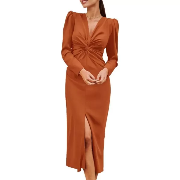 imagePRETTYGARDEN Womens Fall Fashion 2023 Long Puff Sleeve Maxi Dresses V Neck Twist Front Formal Dress with SlitBrown
