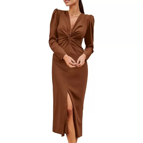 imagePRETTYGARDEN Womens Fall Fashion 2023 Long Puff Sleeve Maxi Dresses V Neck Twist Front Formal Dress with SlitCoffee