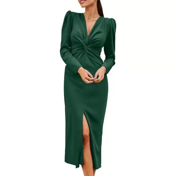 imagePRETTYGARDEN Womens Fall Fashion 2023 Long Puff Sleeve Maxi Dresses V Neck Twist Front Formal Dress with SlitDark Green