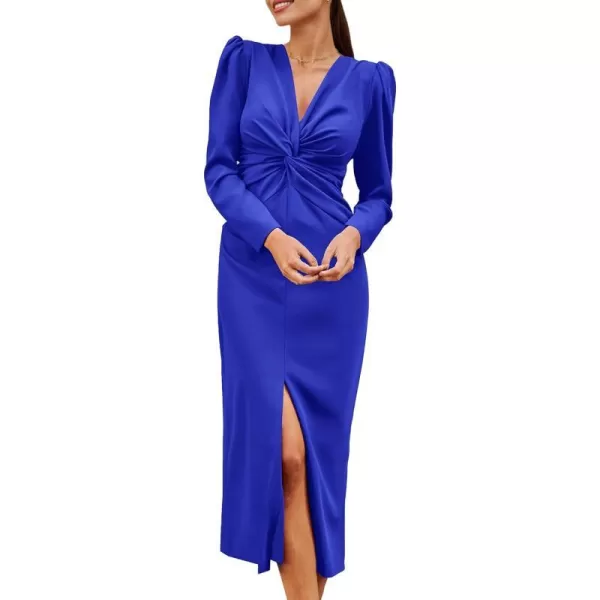 imagePRETTYGARDEN Womens Fall Fashion 2023 Long Puff Sleeve Maxi Dresses V Neck Twist Front Formal Dress with SlitRoyal Blue