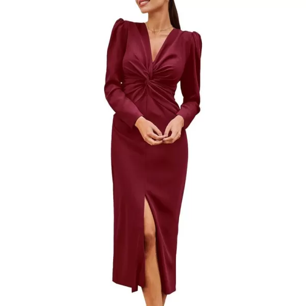 imagePRETTYGARDEN Womens Fall Fashion 2023 Long Puff Sleeve Maxi Dresses V Neck Twist Front Formal Dress with SlitWine Red