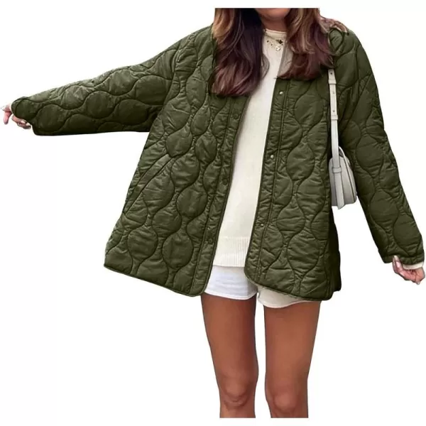 imagePRETTYGARDEN Womens Fall Fashion 2023 Quilted Bomber Jacket Casual Oversized Button Down Coat OuterwearArmy Green