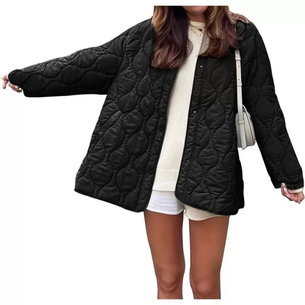 imagePRETTYGARDEN Womens Fall Fashion 2023 Quilted Bomber Jacket Casual Oversized Button Down Coat OuterwearBlack
