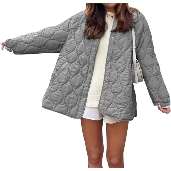 imagePRETTYGARDEN Womens Fall Fashion 2023 Quilted Bomber Jacket Casual Oversized Button Down Coat OuterwearGrey