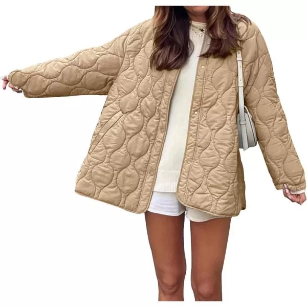 imagePRETTYGARDEN Womens Fall Fashion 2023 Quilted Bomber Jacket Casual Oversized Button Down Coat OuterwearKhaki