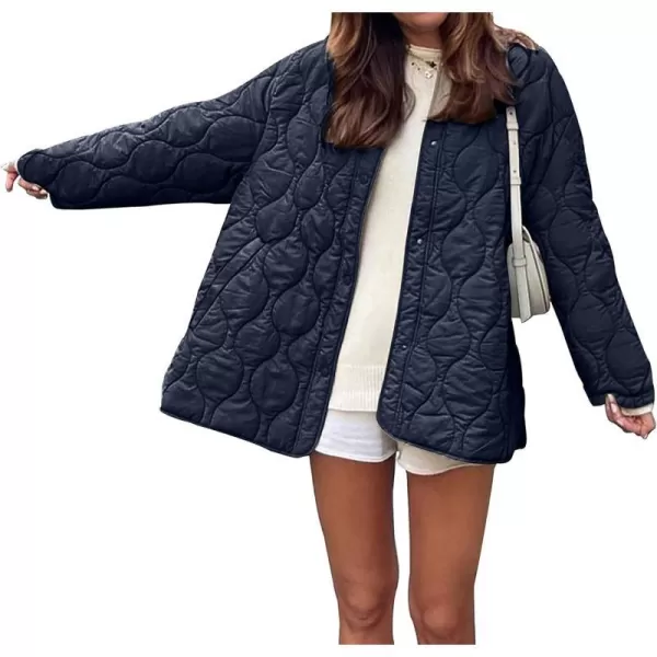 imagePRETTYGARDEN Womens Fall Fashion 2023 Quilted Bomber Jacket Casual Oversized Button Down Coat OuterwearNavy