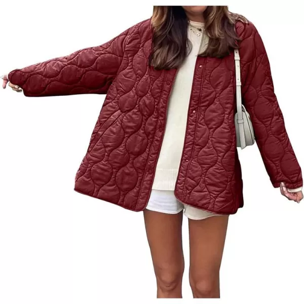 imagePRETTYGARDEN Womens Fall Fashion 2023 Quilted Bomber Jacket Casual Oversized Button Down Coat OuterwearWine Red