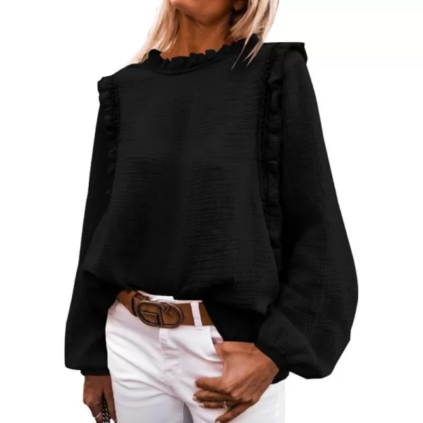 imagePRETTYGARDEN Womens Fall Fashion Blouse Dressy Casual Long Sleeve Crewneck Ruffle Loose Pullover Tops ShirtBlack