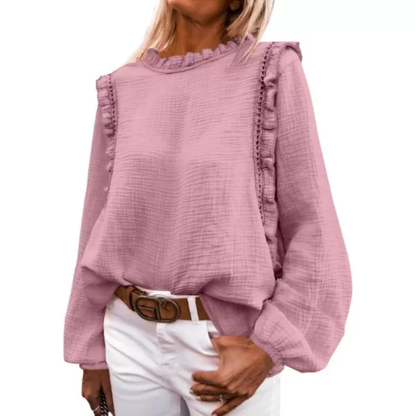 imagePRETTYGARDEN Womens Fall Fashion Blouse Dressy Casual Long Sleeve Crewneck Ruffle Loose Pullover Tops ShirtGrey Pink