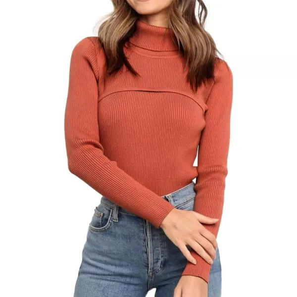 imagePRETTYGARDEN Womens Fall Fashion Turtleneck Pullover Sweaters Casual Long Sleeve Cable Knit Fitted Jumper TopsXiu Red